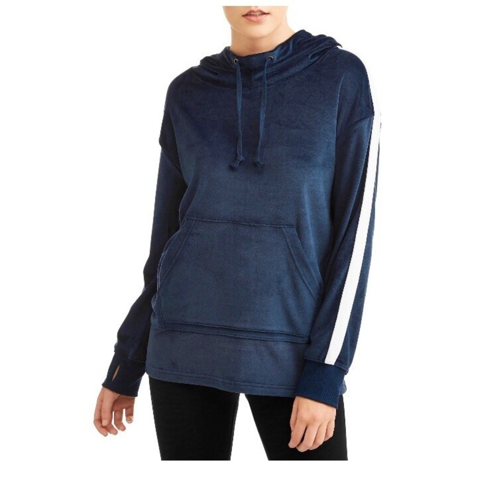 New Athletic Works Women Athleisure Stripe Velour Hoodie Pullover Blue M (8-10)